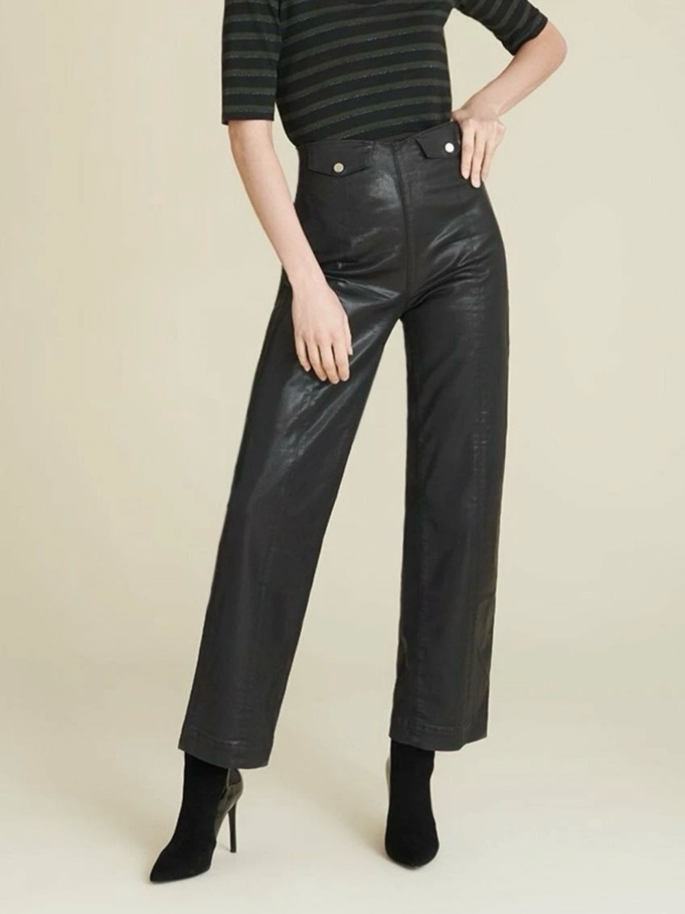 Veronica Beard Black Coated Brinley Wide Crop Jeans